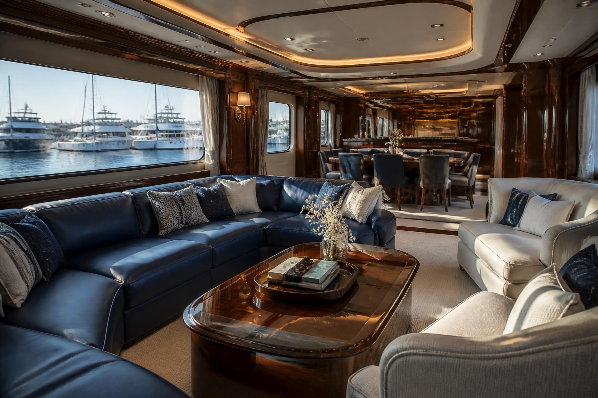 Interior luxuoso de iate com estofados impecáveis